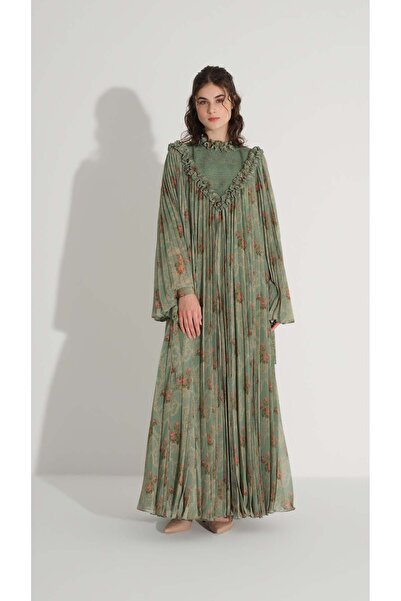miha Hicran Önal Front and Back Rubbed Dress with Lace Ruffles and Pleats Green