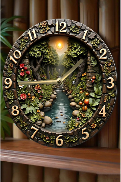 SHELİFE Silent Round Wooden Wall Clock, Quartz Movement 3D Look 2D Clock Sdw082