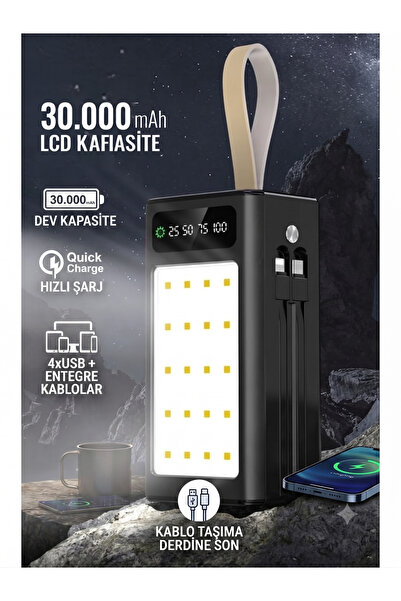 HİBOTEKNO 30.000mAh 4xUSB Dahili Kablolu LCD Göstergeli LED Işıklı Powerbank