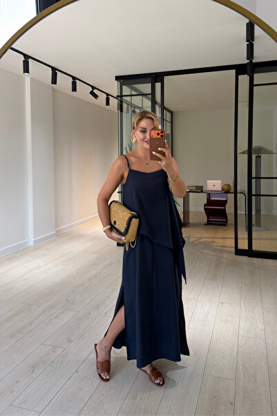 Sezgi Tekin Single Slit Asymmetrical Navy Blue Tencel Modal Dress
