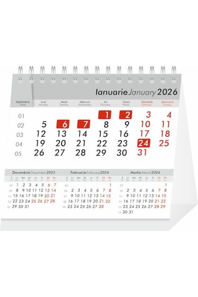 OEM Calendar de birou 2026, 120x140mm, 6 foi, roșu/negru