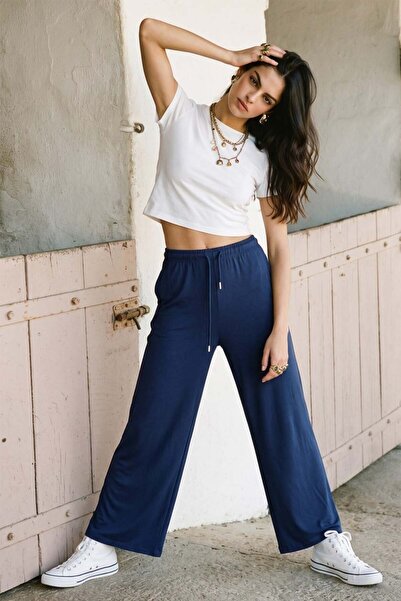 BARRELS AND OIL Women's Drawstring Waist Wide Leg Sweatpants - Navy Blue