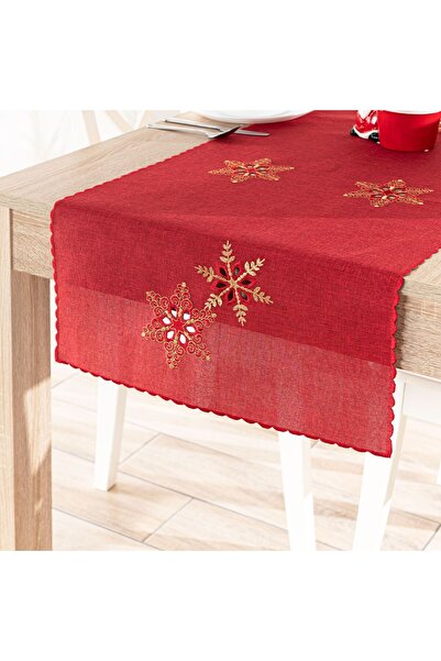 Markizeta Traversă de masă roșie brodată cu fulgi de zăpadă 50x100 cm
