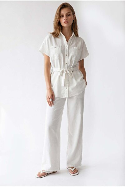 Mixray 2155 Women's Linen Look Buttoned Shirt and Trousers Set White