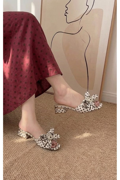 Nubbock Cream Satin Polka Dot Bow Tie Women's Slippers (3cm) Heeled Nk2098