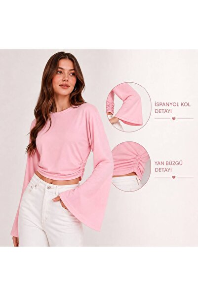 TİSHOOSTORE Spanish Style Women's Pink Blouse with Ruffle Detail on the Sleeves