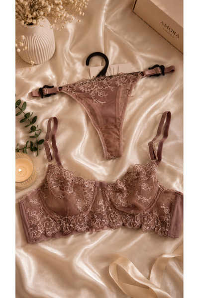 AMORA lingerie AMORA Pudra Nakışlı Dantel Sütyen Slip Takım | Balayı Gelin İç...