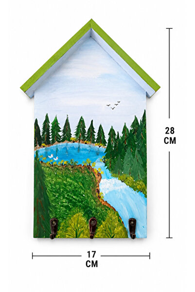 İNCİLİ BAYKUŞ Hand Painted Wooden House Key Holder – Decorative Wall Key Holder – 3 Hooks – 17X28 cm