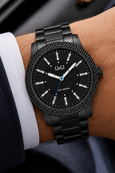 Q&Q Men's Black Metal Cord Black Dial Wrist Watch 2 Year Warranty