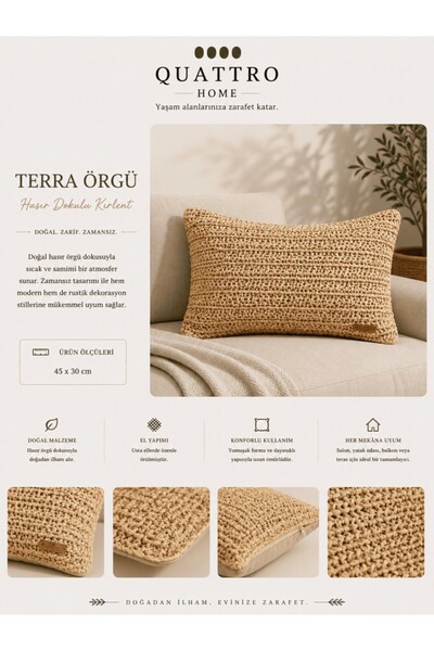 QUATTRO HOME Hasır Örgü Kırlent Dekoratif Bohem Yastık Kılıfı