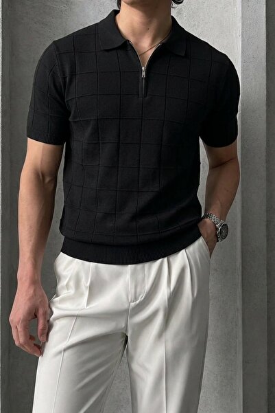 Maccali Men's Striped Relax Fit Knitwear Black Polo Neck T-Shirt
