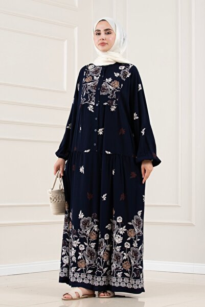 Sevitli Half-Buttoned Robal Ceylan Dress-Dark Blue