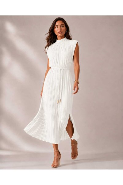 LAVİNİM Premium Series High Collar Pleated Belted Midi Dress - with Slit Detail