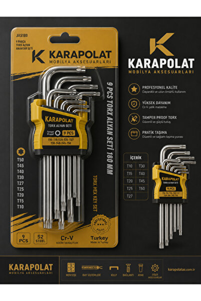 KARAPOLAT 9 Parça Torx Alyan Anahtar Seti 180 mm Cr-V Çelik T10-T50 Profesyon...
