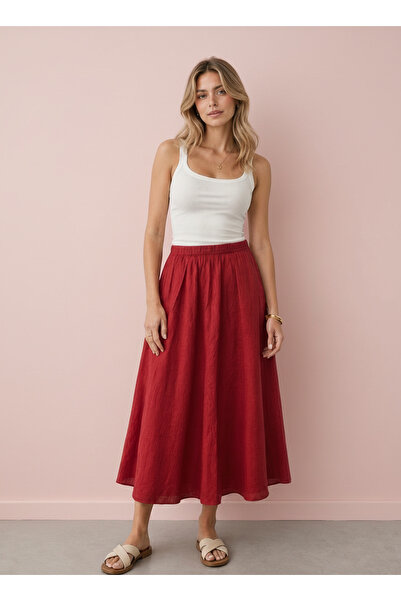 Merlot Red Crinkle Woven Skirt with Elastic Waist