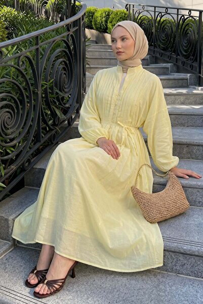 zenne Voile Button Detailed Pleated Dress 5007 - Light Yellow
