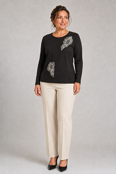 bihan store Women's Crew Neck Embroidered Front Long Sleeve Combed Cotton Blo...