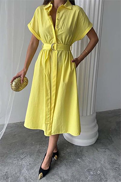 MyLoore Women's Yellow Poplin Fabric Belted Dress Mlb211