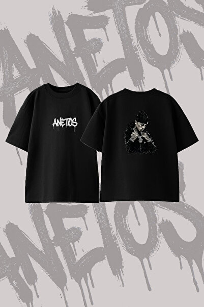 Anetos Drill Rapci Design Printed Oversize Crew Neck T-Shirt Black
