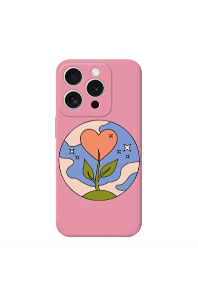 Other Apple iPhone 15 Pro Hearted Flower Pink Colored Silicone TPU Θήκη