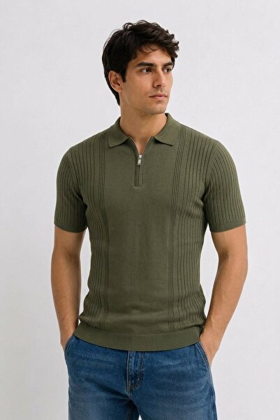 Maccali Men's Trend Khaki Polo Collar Zippered Knitwear T-Shirt