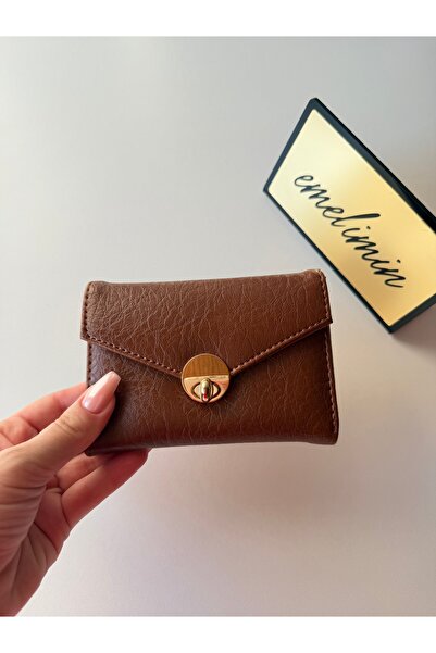 emelimin Women's Tan Brown Envelope Cover Gold Lock Mini Card Holder Wallet