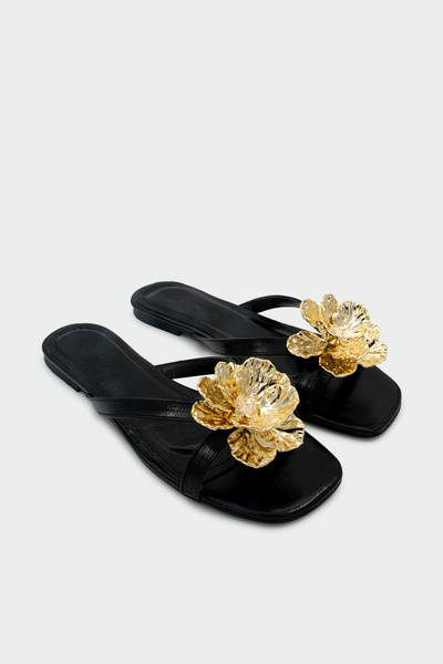LAMİNTA Opia Gold Flower Detailed Women's Black Flat Slippers
