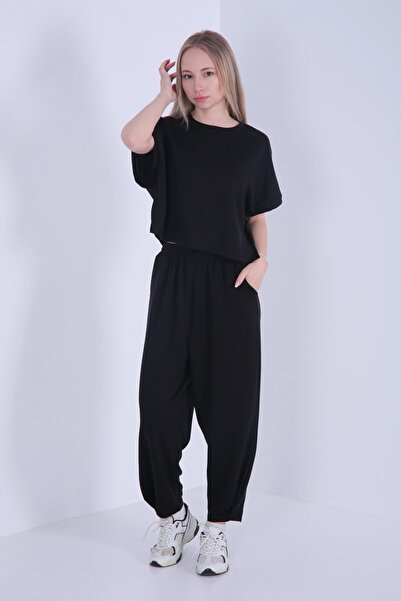 Veni Life Women's Short Sleeve Crew Neck Top and Baggy Pants Two-Piece Set