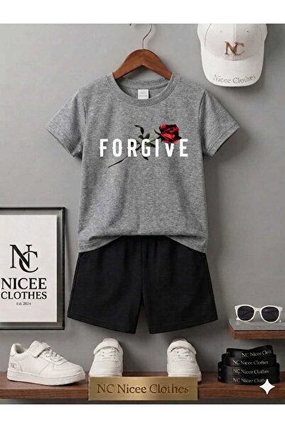 NC Nicee Clothes Summer Children's T-Shirt Shorts Unisex (White Frgive Printed)