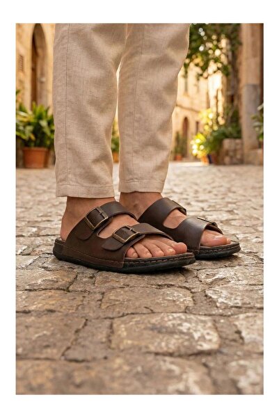 GEZER Black Two Buckle Adjustable Comfortable Stitched Sole Daily Slippers Brown