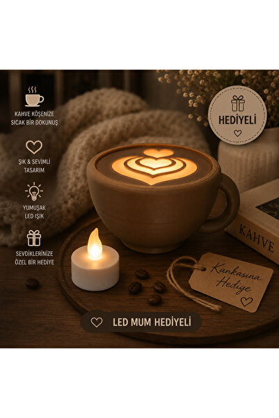Genel Markalar LED Mum Hediyeli Kalpli Latte Fincanı Dekoratif Ortam Işığı | ...