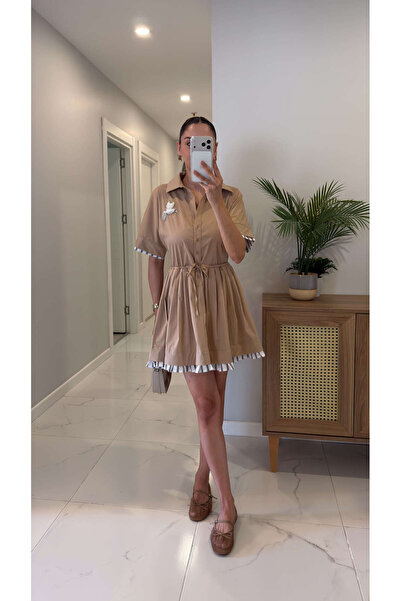 BİRCANÇİL Tilas Beige Garni Detailed Short Dress