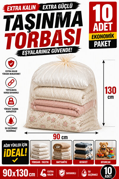 OPTİMEX 90x130 cm Kalın Naylon Taşıma Torbası 10 Adet Hurç Poşeti Yorgan Batt...