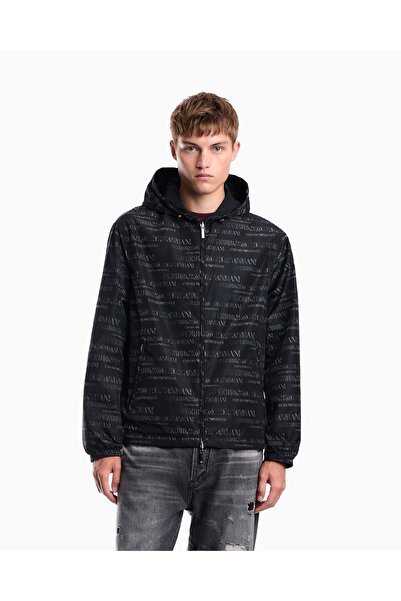 Emporio Armani Men's Comfortable Fit Double-Sided Rainproof Fabric Hooded Blu...