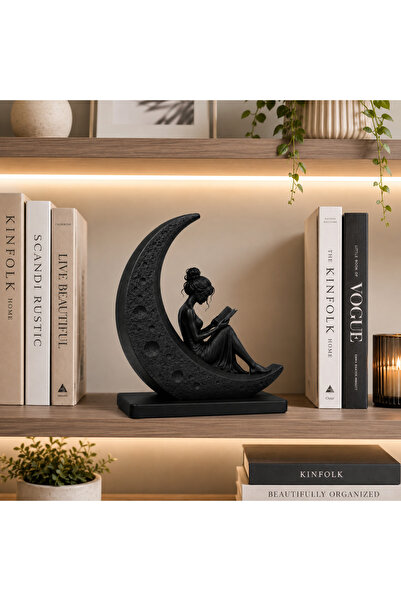 SİAL STUDIO Dekoratif Biblo Ay Üzerinde Kitap Okuyan Kadın – Modern Minimal S...