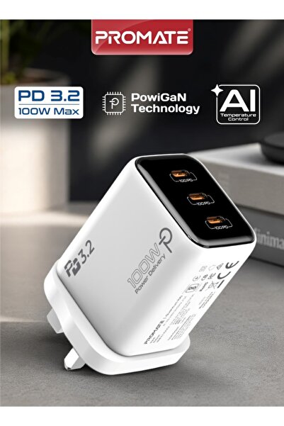 Promate Quantum-100 100W PowiGaN 3-Port USB-C Fast Charging Adapter | Smart P...