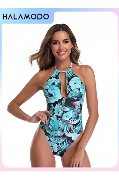 HALAMODO Women's One Piece Swimsuit High Neck Tummy Control Swimwear Bathing ...