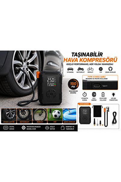 Mega Oto Market 150 PSI Şarjlı Taşınabilir Hava Kompresörü Dijital Ekranlı La...