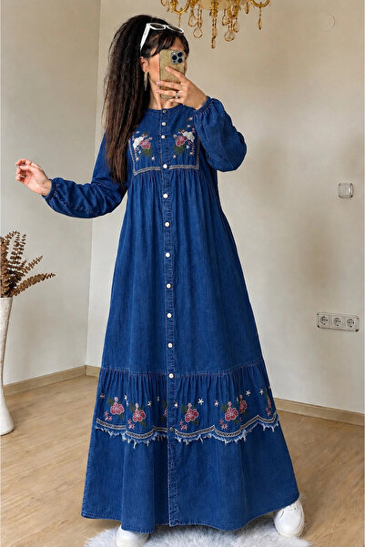 AZRA BUTİK Embroidery Detail and Buttoned Denim Dress Dark Blue