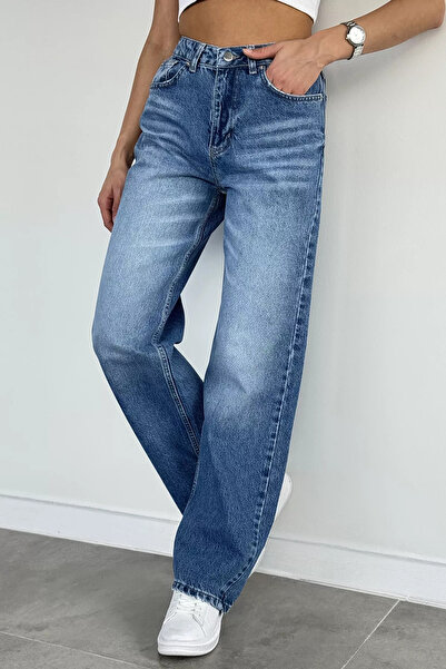 Aryena Blue Women's Casual Fashion Wide Leg Jean Denim Trousers