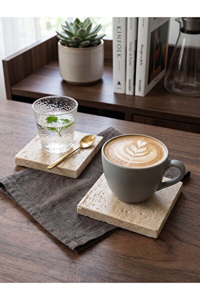 FARALYAHOME Doğal Traverten Kalın Mermer Kare Bardak Altlığı ve Sunumluk (10x10 Cm) - 2'li Set - Çizilmez Tabanlı Fincan Altı