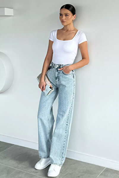 Aryena Ice Blue Women's High Waist City Style Washed Jean Denim Trousers