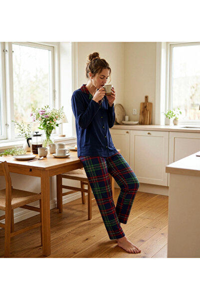 Pijamoni Women's Premium Milan Fabric Shirt Collar Long Sleeve Pajama Set