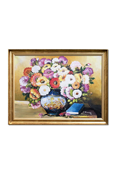 artnova Κορνιζαρισμένος πίνακας με λουλούδια και βιβλίο, ζωγραφισμένο στο χέρ...