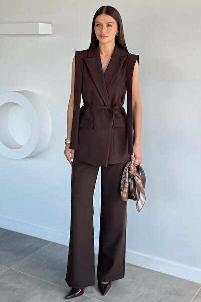 Aryena Brown Women's Waist Tie Detailed Vest and Trousers Two-Piece Set