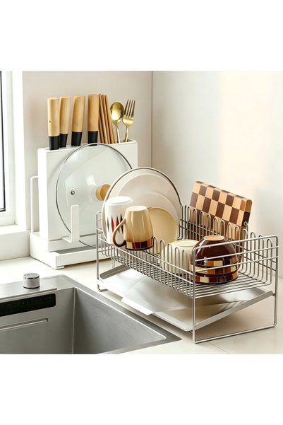 HT Home Organizers Stainless Steel Tableware Drying Rack + Knife Block with Space for Pot Lids and Cutting Boards, Countertop Storage Organizer Set for Bowls, Plates and Kitchen Utensils