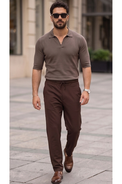 uyguntarz Men's Brown Premium Comfortable Fit Elastic Waist Lace-Up Fabric Tr...