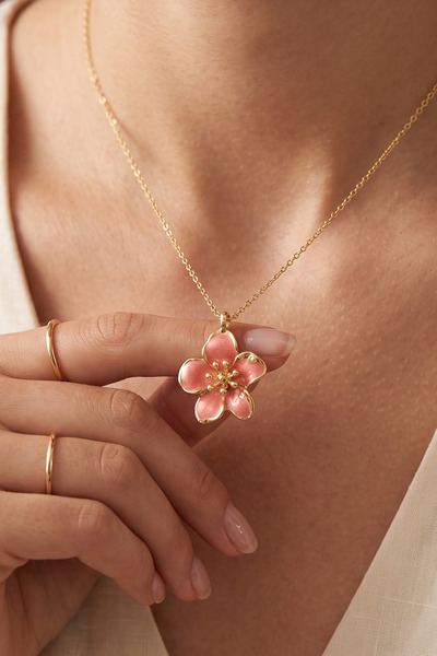 AURRARİ Orange Enamel Sakura Necklace 45 cm