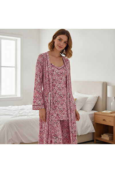 BONBON Women's Clothing Dusty Rose Color Printed Nightgown and Robe 3-Piece S...