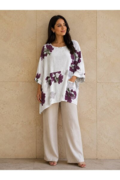 AGORATEKSTİL Women's Rose Patterned Cotton Fabric Loose Oversize Blouse with ...